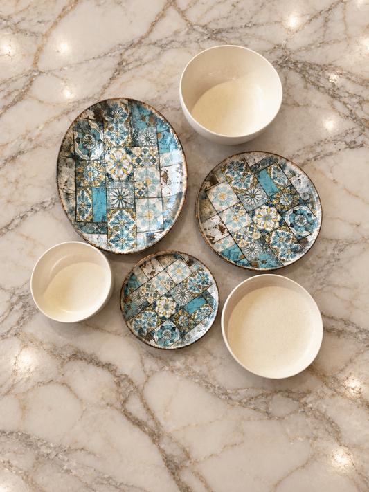 Boho Turquoise & Beige Porcelain Dinner Set – 26 Pieces - طقم عشاء بورسلين ٢٦ قطعه من فتحي محمود